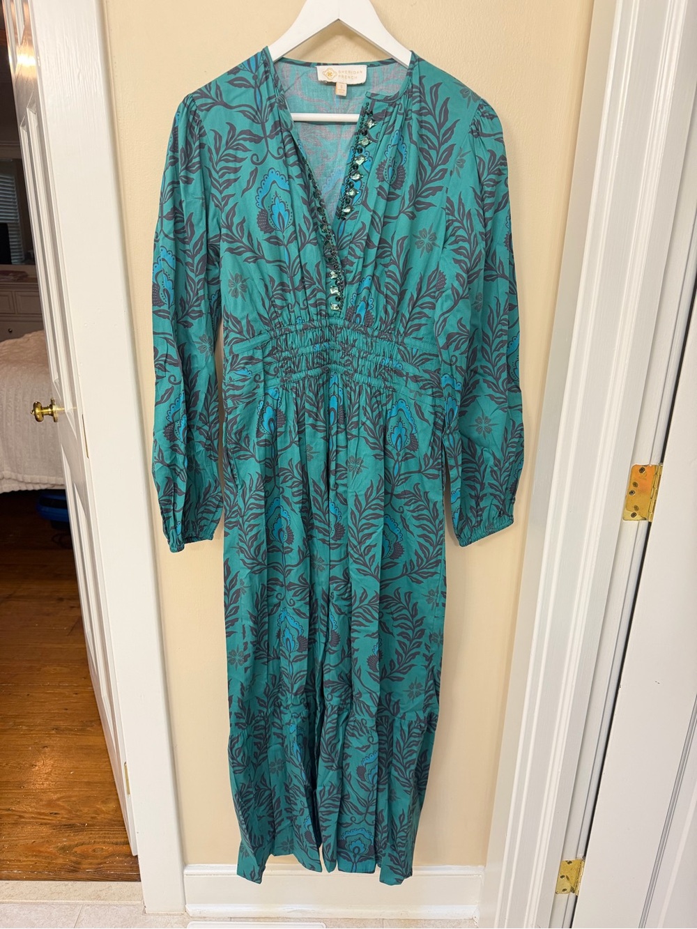 Printed Teal Long-Sleeve Maxi Dress with Button V-Neck NWOT